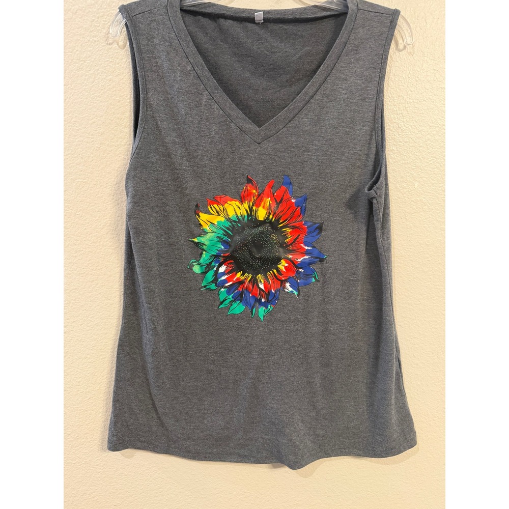 Rainbow Sunflower Graphic V-Neck Tank Top Gray Sleeveless Muscle Tee Large